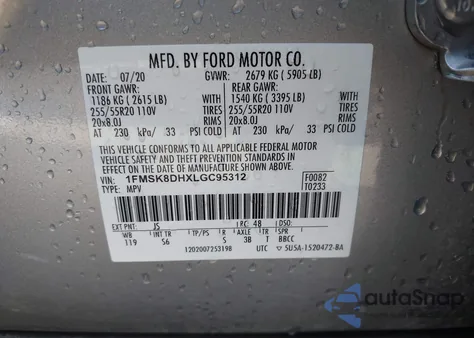 2020 Ford Explorer Xlt из США, поврежденный, VIN 1FMSK8DHXLGC95312